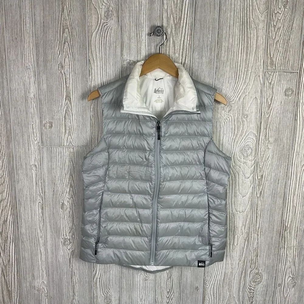 REI Co-op 650 Down Vest Womens Large Silver Gray Puffer Insulated Lightweight